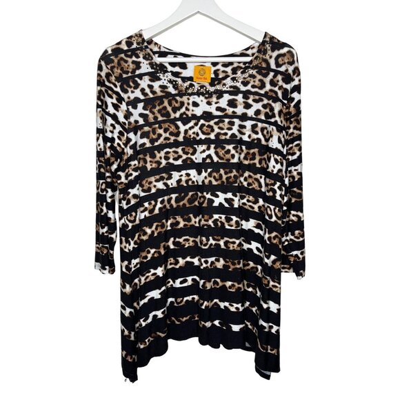 Ruby Rd Leopard Stripe Long Sleeve Top M Black Brown Sequin Detail Animal Print - Picture 1 of 12